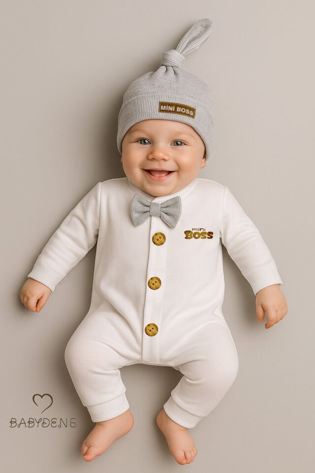 Minik Patron Erkek Bebek Düğmeli Tulum ve Bere Seti – Papyonlu,Manşetli Paça, %100 Pamuk Bebek Tulum Gri