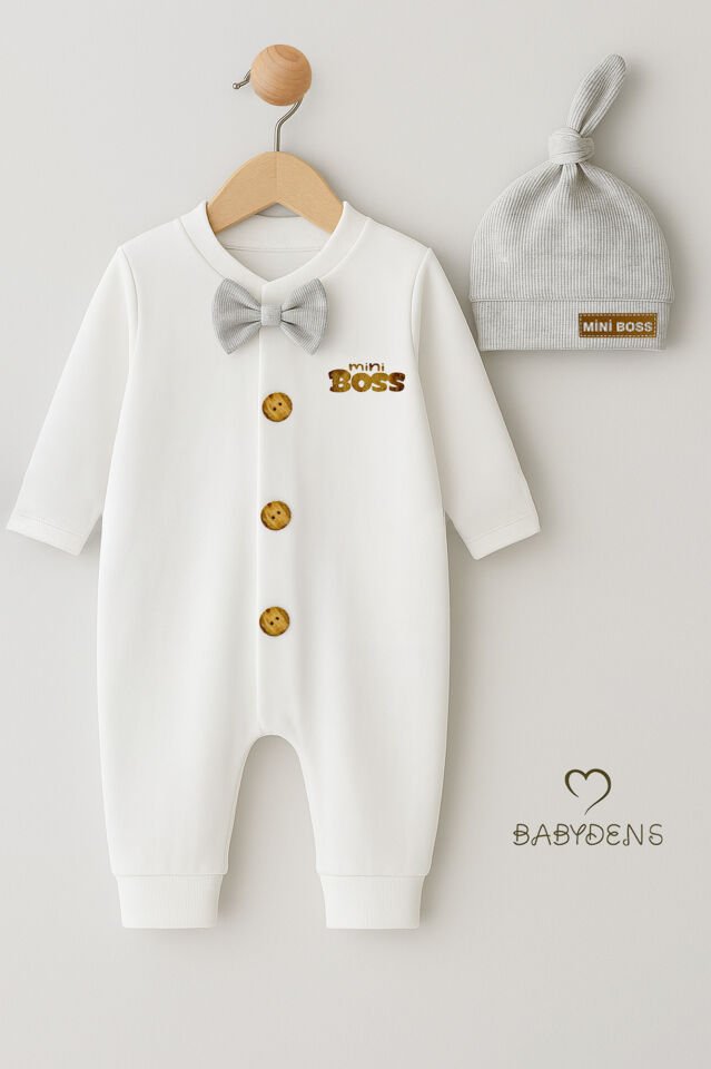 Minik Patron Erkek Bebek Düğmeli Tulum ve Bere Seti – Papyonlu,Manşetli Paça, %100 Pamuk Bebek Tulum Gri