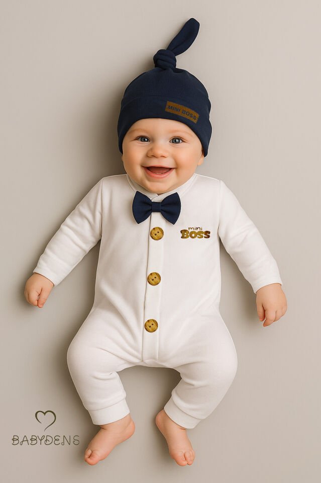 Minik Patron Erkek Bebek Düğmeli Tulum ve Bere Seti – Papyonlu,Manşetli Paça, %100 Pamuk Bebek Tulum Lacivert