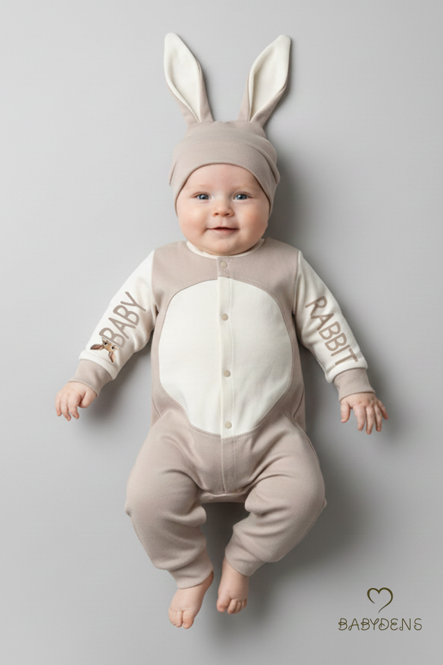 Bebek Tavşanlı Tulum Şapka Set %100 Pamuklu Çıtçıtlı,Ayarlanır Ponponlu Unisex Yenidoğan Tulum Seti Bej