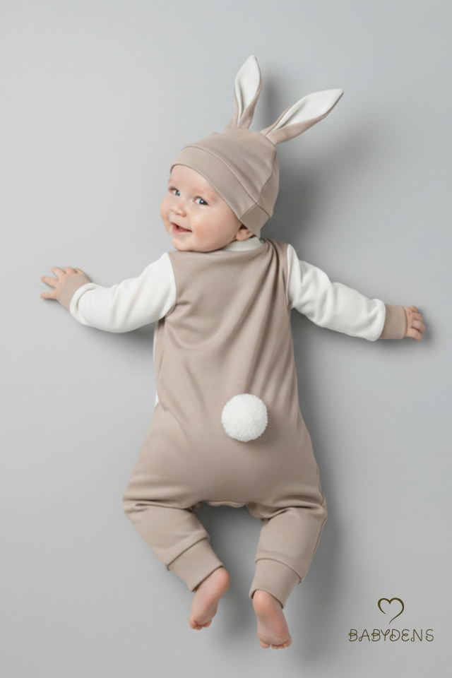 Bebek Tavşanlı Tulum Şapka Set %100 Pamuklu Çıtçıtlı,Ayarlanır Ponponlu Unisex Yenidoğan Tulum Seti Bej