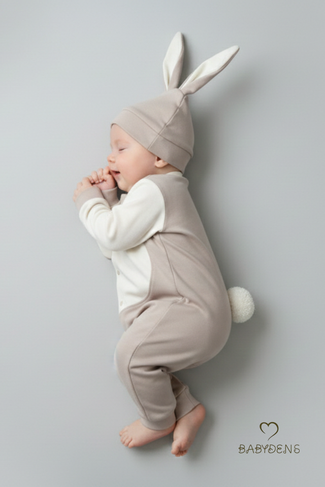 Bebek Tavşanlı Tulum Şapka Set %100 Pamuklu Çıtçıtlı,Ayarlanır Ponponlu Unisex Yenidoğan Tulum Seti Bej