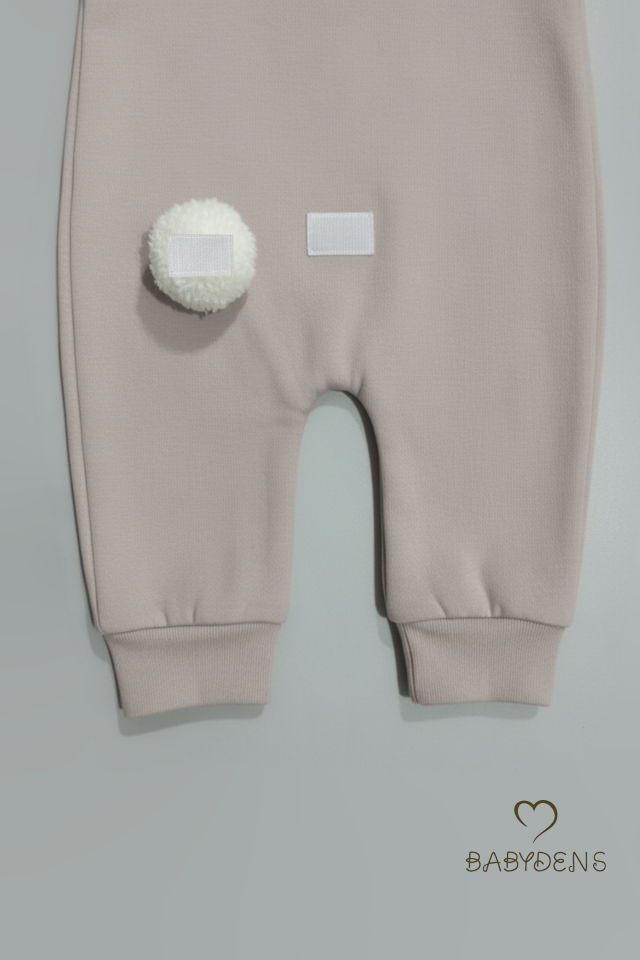 Bebek Tavşanlı Tulum Şapka Set %100 Pamuklu Çıtçıtlı,Ayarlanır Ponponlu Unisex Yenidoğan Tulum Seti Bej