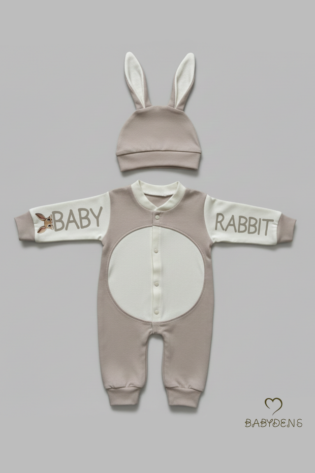 Bebek Tavşanlı Tulum Şapka Set %100 Pamuklu Çıtçıtlı,Ayarlanır Ponponlu Unisex Yenidoğan Tulum Seti Bej