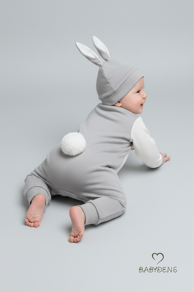 Bebek Tavşanlı Tulum Şapka Set %100 Pamuklu Çıtçıtlı,Ayarlanır Ponponlu Unisex Yenidoğan Tulum Seti Gri