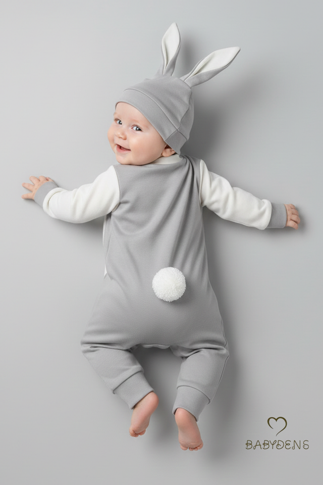 Bebek Tavşanlı Tulum Şapka Set %100 Pamuklu Çıtçıtlı,Ayarlanır Ponponlu Unisex Yenidoğan Tulum Seti Gri