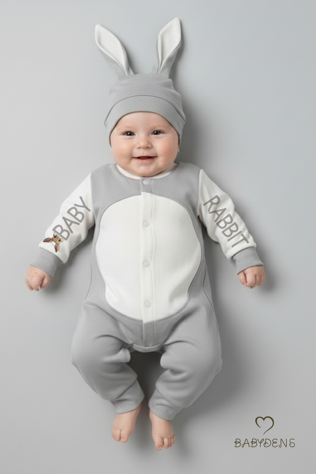 Bebek Tavşanlı Tulum Şapka Set %100 Pamuklu Çıtçıtlı,Ayarlanır Ponponlu Unisex Yenidoğan Tulum Seti Gri