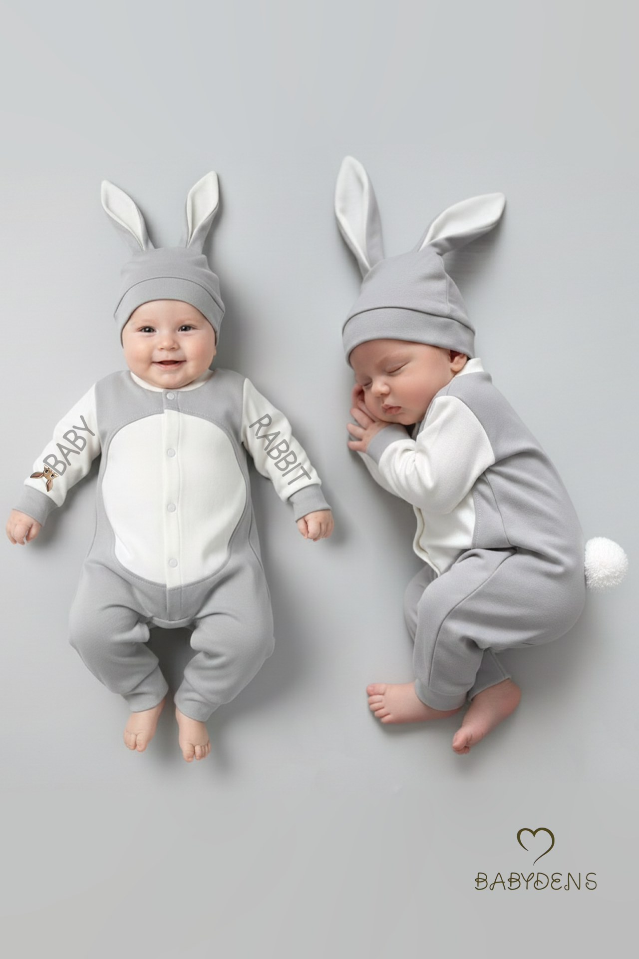 Bebek Tavşanlı Tulum Şapka Set %100 Pamuklu Çıtçıtlı,Ayarlanır Ponponlu Unisex Yenidoğan Tulum Seti Gri