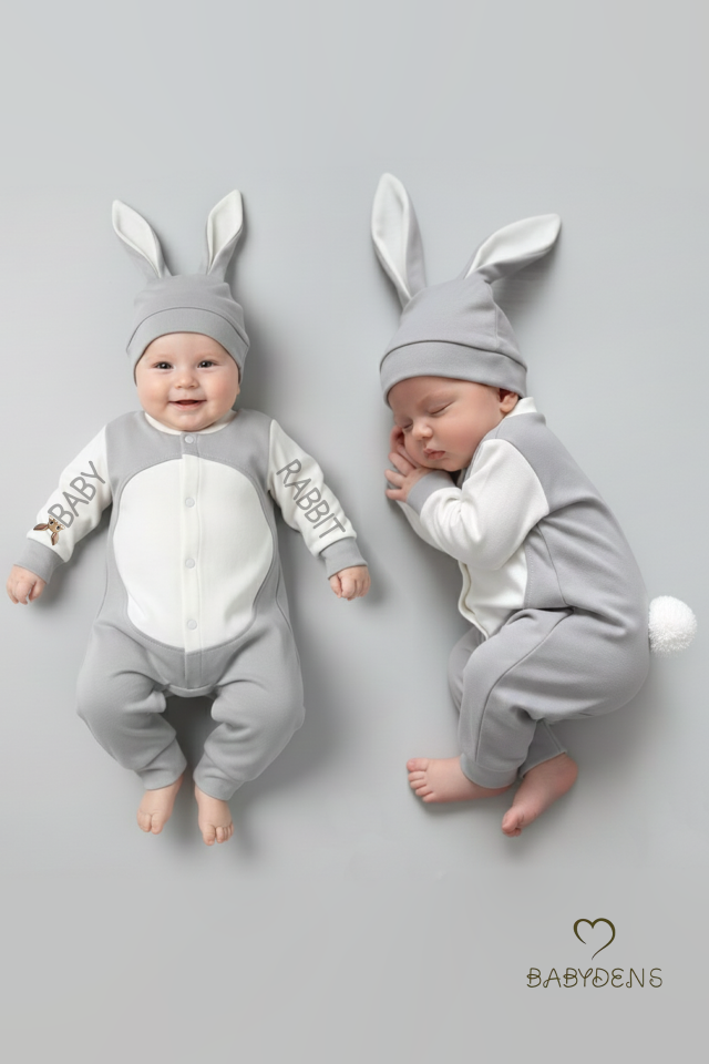 Bebek Tavşanlı Tulum Şapka Set %100 Pamuklu Çıtçıtlı,Ayarlanır Ponponlu Unisex Yenidoğan Tulum Seti Gri