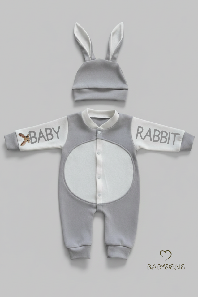 Bebek Tavşanlı Tulum Şapka Set %100 Pamuklu Çıtçıtlı,Ayarlanır Ponponlu Unisex Yenidoğan Tulum Seti Gri