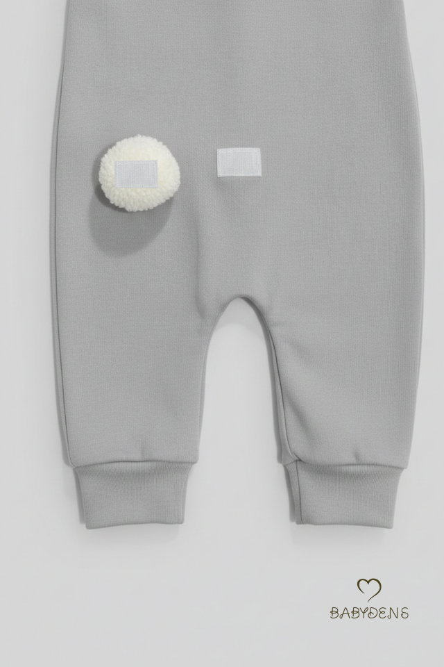 Bebek Tavşanlı Tulum Şapka Set %100 Pamuklu Çıtçıtlı,Ayarlanır Ponponlu Unisex Yenidoğan Tulum Seti Gri