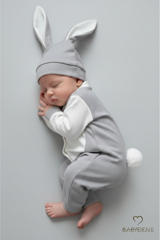 Bebek Tavşanlı Tulum Şapka Set %100 Pamuklu Çıtçıtlı,Ayarlanır Ponponlu Unisex Yenidoğan Tulum Seti Gri