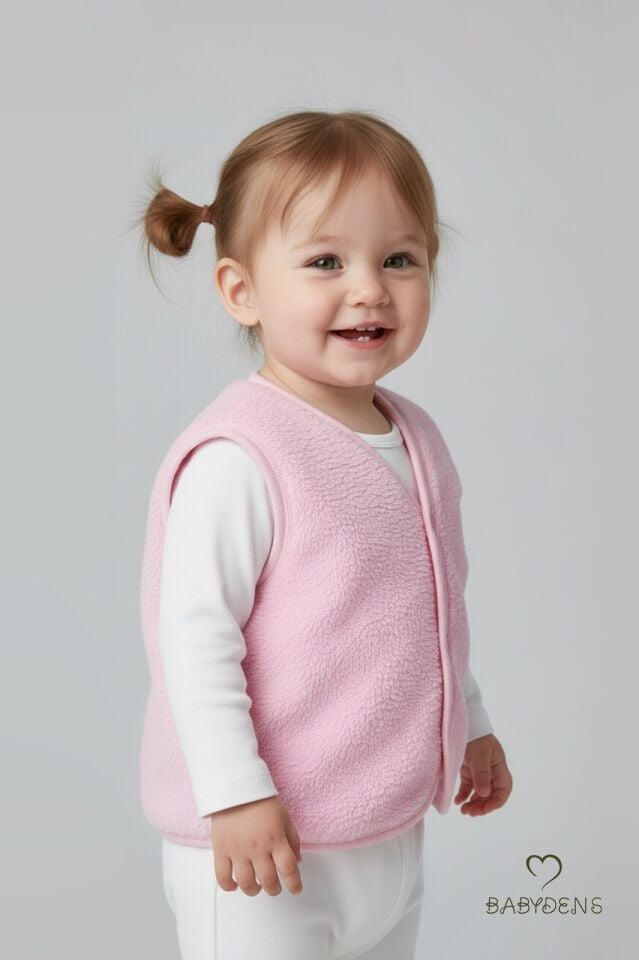 Welsoft Kız Bebek Çocuk Çıtçıtlı Yelek | Yumuşak Dokulu,Ayıcık Armalı,Peluş Bebek Yeleği Pembe