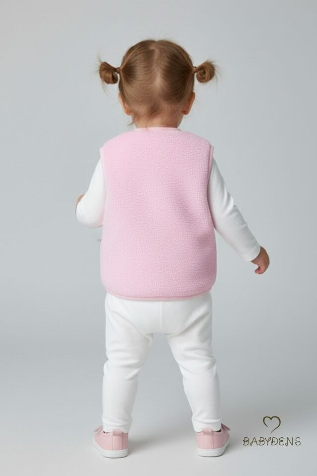 Welsoft Kız Bebek Çocuk Çıtçıtlı Yelek | Yumuşak Dokulu,Ayıcık Armalı,Peluş Bebek Yeleği Pembe