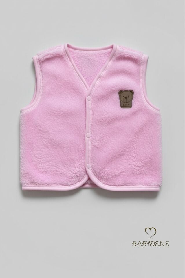 Welsoft Kız Bebek Çocuk Çıtçıtlı Yelek | Yumuşak Dokulu,Ayıcık Armalı,Peluş Bebek Yeleği Pembe
