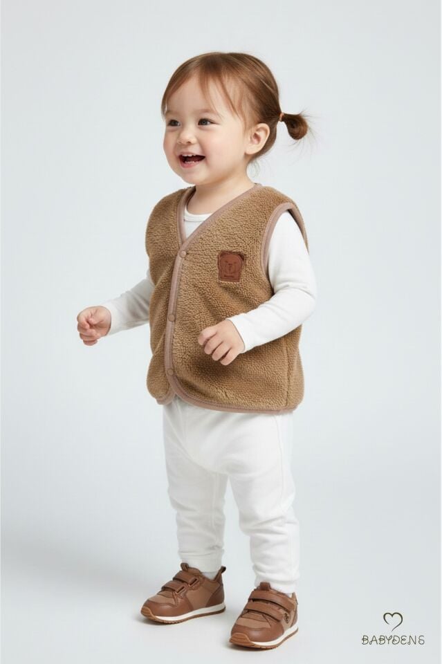 Welsoft Kız Bebek Çocuk Çıtçıtlı Yelek | Yumuşak Dokulu,Ayıcık Armalı,Peluş Bebek Yeleği Kahverengi