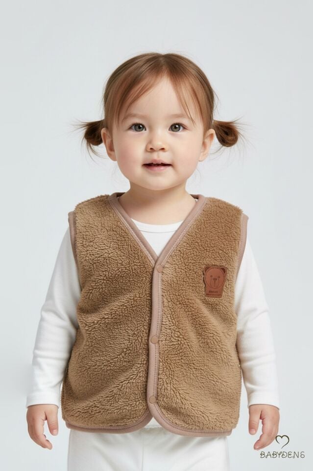 Welsoft Kız Bebek Çocuk Çıtçıtlı Yelek | Yumuşak Dokulu,Ayıcık Armalı,Peluş Bebek Yeleği Kahverengi