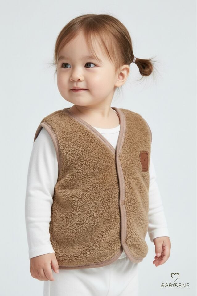 Welsoft Kız Bebek Çocuk Çıtçıtlı Yelek | Yumuşak Dokulu,Ayıcık Armalı,Peluş Bebek Yeleği Kahverengi