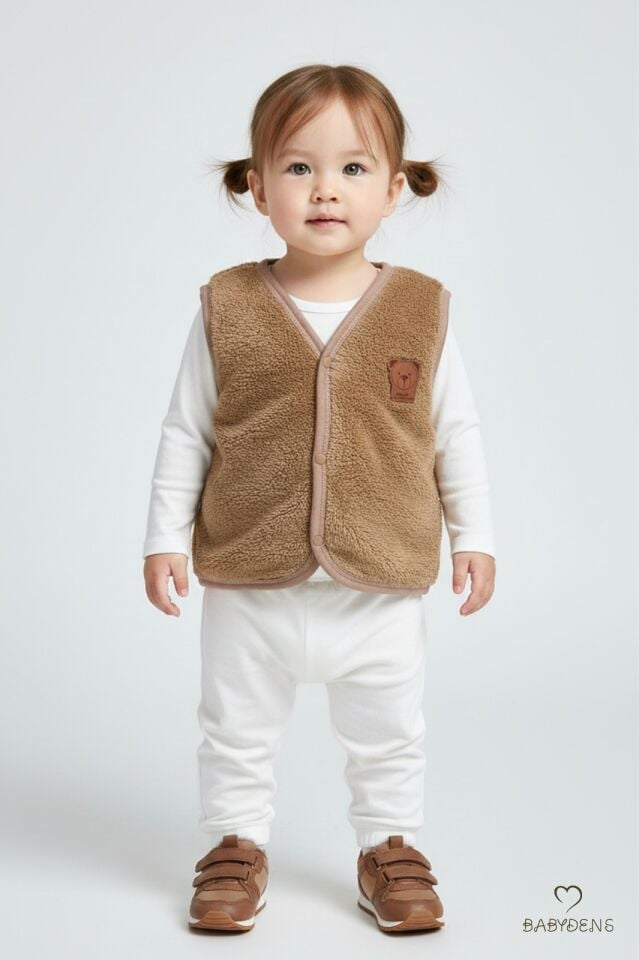 Welsoft Kız Bebek Çocuk Çıtçıtlı Yelek | Yumuşak Dokulu,Ayıcık Armalı,Peluş Bebek Yeleği Kahverengi