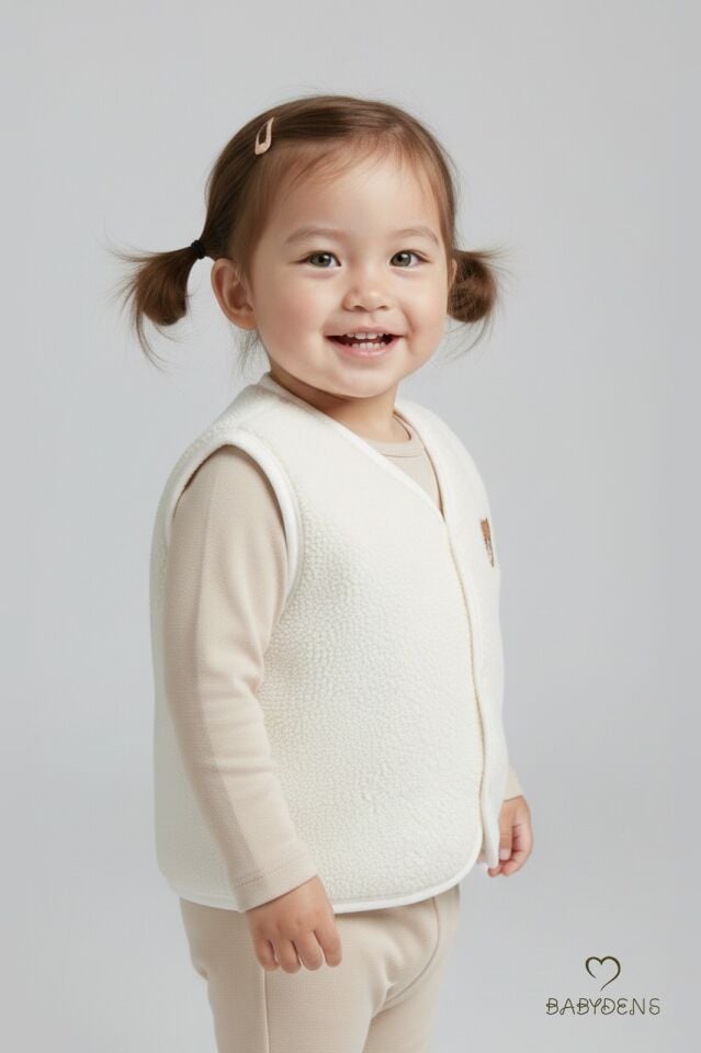 Welsoft Kız Bebek Çocuk Çıtçıtlı Yelek | Yumuşak Dokulu,Ayıcık Armalı,Peluş Bebek Yeleği Krem 6-36Ay