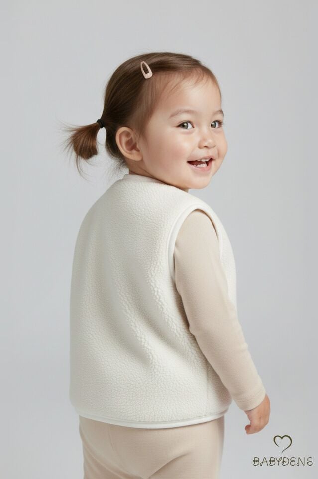 Welsoft Kız Bebek Çocuk Çıtçıtlı Yelek | Yumuşak Dokulu,Ayıcık Armalı,Peluş Bebek Yeleği Krem 6-36Ay
