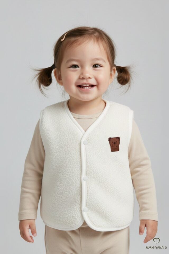 Welsoft Kız Bebek Çocuk Çıtçıtlı Yelek | Yumuşak Dokulu,Ayıcık Armalı,Peluş Bebek Yeleği Krem 6-36Ay