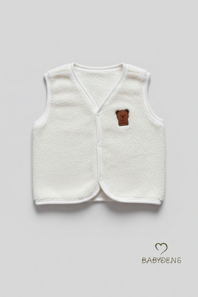 Welsoft Erkek Bebek Çocuk Çıtçıtlı Yelek – Ayıcık Armalı, Yumuşak Peluş Bebek Yeleği (6-36 Ay) Krem