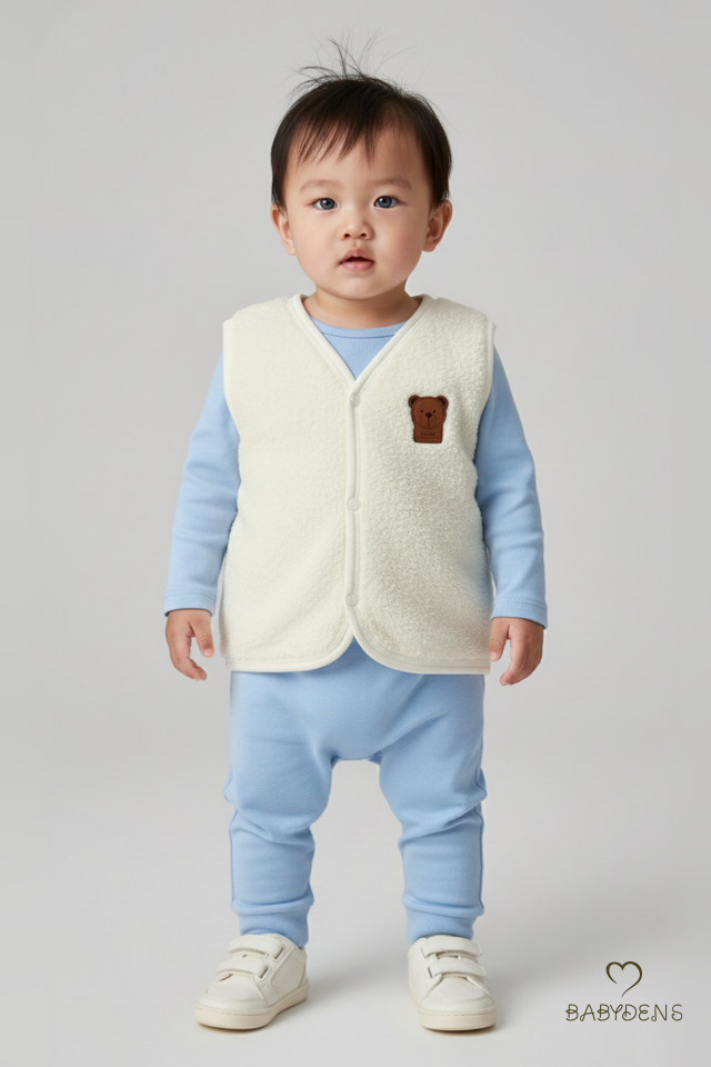 Welsoft Erkek Bebek Çocuk Çıtçıtlı Yelek – Ayıcık Armalı, Yumuşak Peluş Bebek Yeleği (6-36 Ay) Krem