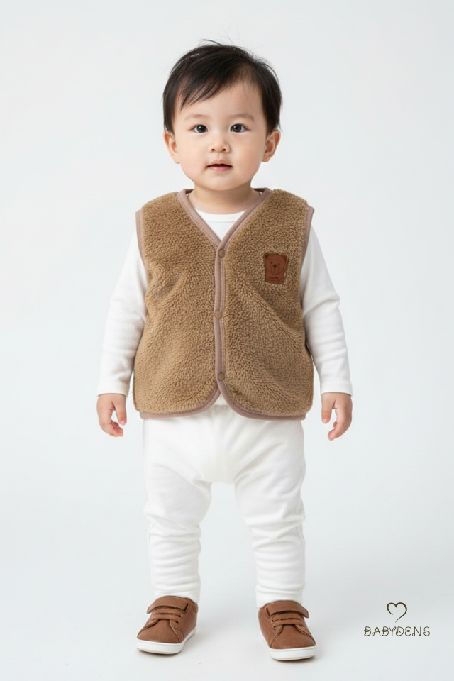 Welsoft Erkek Bebek Çocuk Çıtçıtlı Yelek – Ayıcık Armalı, Yumuşak Peluş Bebek Yeleği (6-36 Ay) Kahverengi
