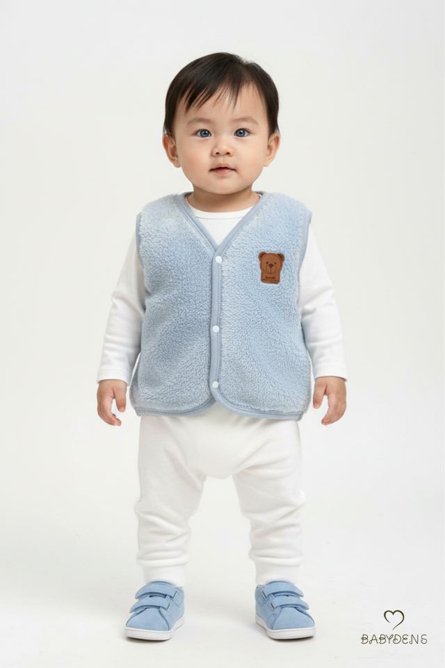 Welsoft Erkek Bebek Çocuk Çıtçıtlı Yelek – Ayıcık Armalı, Yumuşak Peluş Bebek Yeleği (6-36 Ay) Mavi