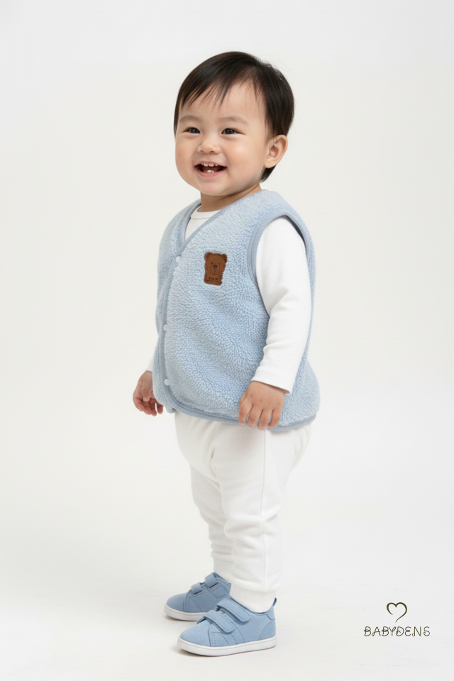 Welsoft Erkek Bebek Çocuk Çıtçıtlı Yelek – Ayıcık Armalı, Yumuşak Peluş Bebek Yeleği (6-36 Ay) Mavi