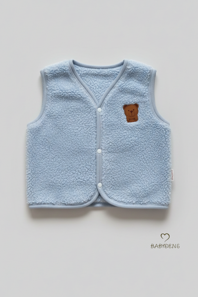 Welsoft Erkek Bebek Çocuk Çıtçıtlı Yelek – Ayıcık Armalı, Yumuşak Peluş Bebek Yeleği (6-36 Ay) Mavi