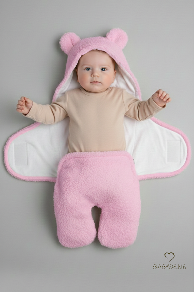 0-12 Ay Welsoft Peluş Bebek Dış Kundak ,Uyku Tulumu ,Ayıcık Kulaklı İçi %100 Pamuk Astarlı Battaniye Pembe