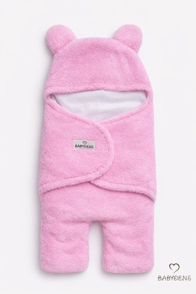 0-12 Ay Welsoft Peluş Bebek Dış Kundak ,Uyku Tulumu ,Ayıcık Kulaklı İçi %100 Pamuk Astarlı Battaniye Pembe