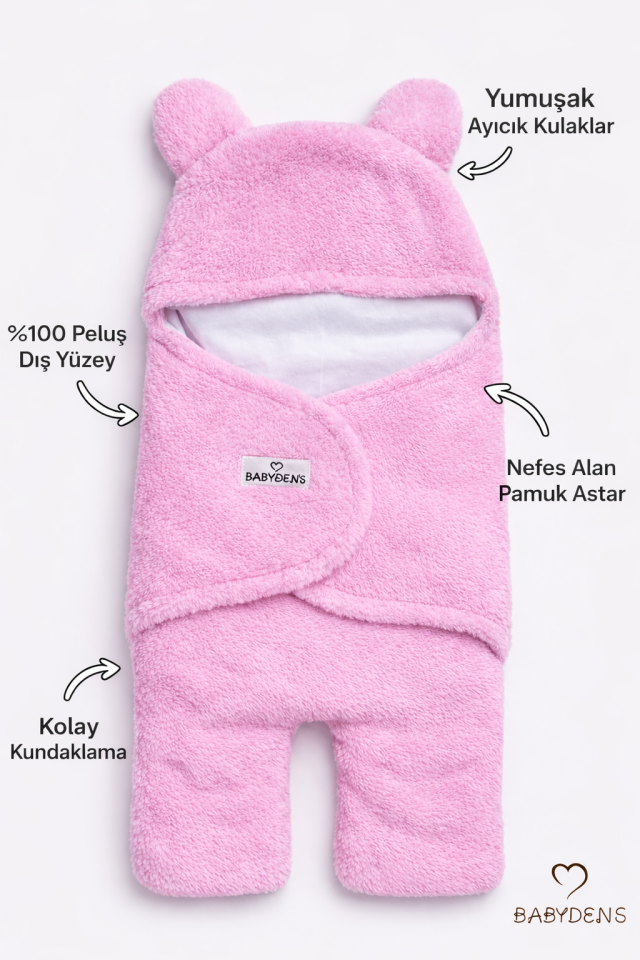 0-12 Ay Welsoft Peluş Bebek Dış Kundak ,Uyku Tulumu ,Ayıcık Kulaklı İçi %100 Pamuk Astarlı Battaniye Pembe