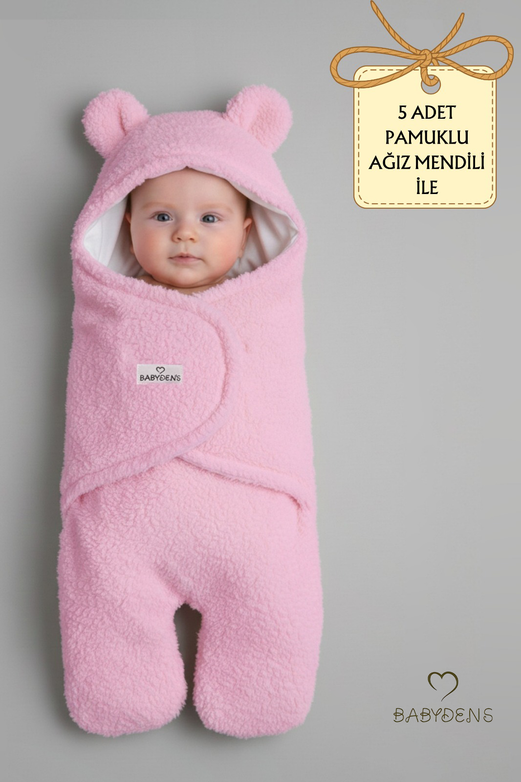 0-12 Ay Welsoft Peluş Bebek Dış Kundak ,Uyku Tulumu ,Ayıcık Kulaklı İçi %100 Pamuk Astarlı Battaniye Pembe