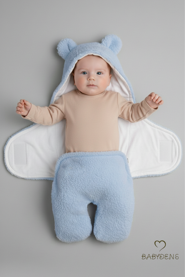 0-12 Ay Welsoft Peluş Bebek Dış Kundak ,Uyku Tulumu ,Ayıcık Kulaklı İçi %100 Pamuk Astarlı Battaniye Mavi