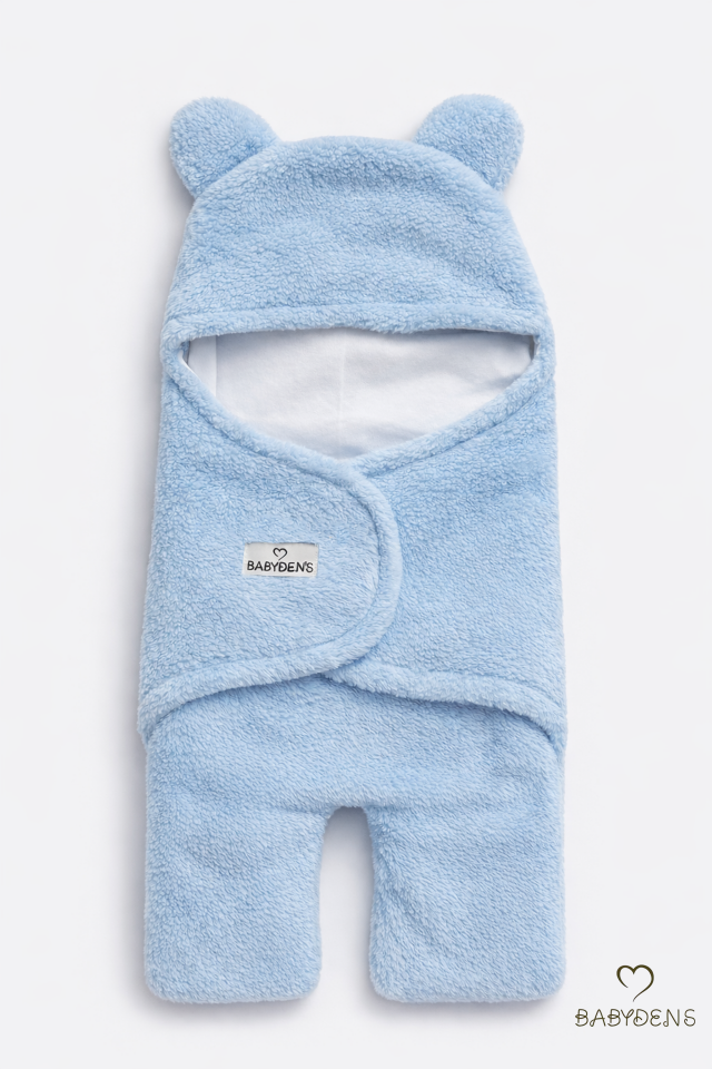 0-12 Ay Welsoft Peluş Bebek Dış Kundak ,Uyku Tulumu ,Ayıcık Kulaklı İçi %100 Pamuk Astarlı Battaniye Mavi