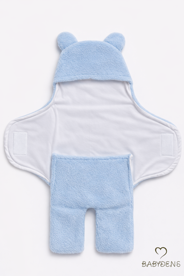 0-12 Ay Welsoft Peluş Bebek Dış Kundak ,Uyku Tulumu ,Ayıcık Kulaklı İçi %100 Pamuk Astarlı Battaniye Mavi