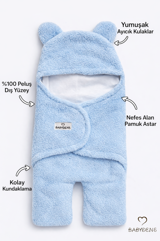 0-12 Ay Welsoft Peluş Bebek Dış Kundak ,Uyku Tulumu ,Ayıcık Kulaklı İçi %100 Pamuk Astarlı Battaniye Mavi