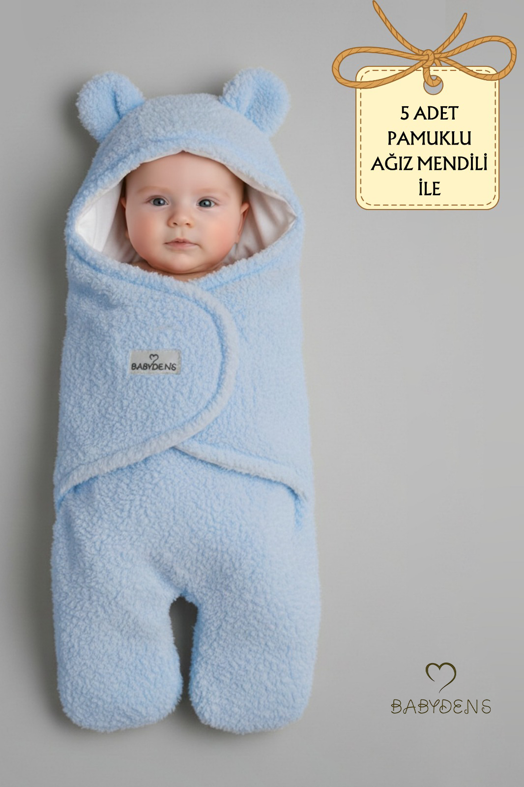 0-12 Ay Welsoft Peluş Bebek Dış Kundak ,Uyku Tulumu ,Ayıcık Kulaklı İçi %100 Pamuk Astarlı Battaniye Mavi