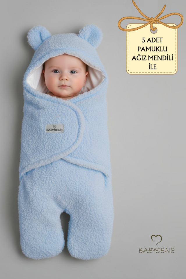 0-12 Ay Welsoft Peluş Bebek Dış Kundak ,Uyku Tulumu ,Ayıcık Kulaklı İçi %100 Pamuk Astarlı Battaniye Mavi