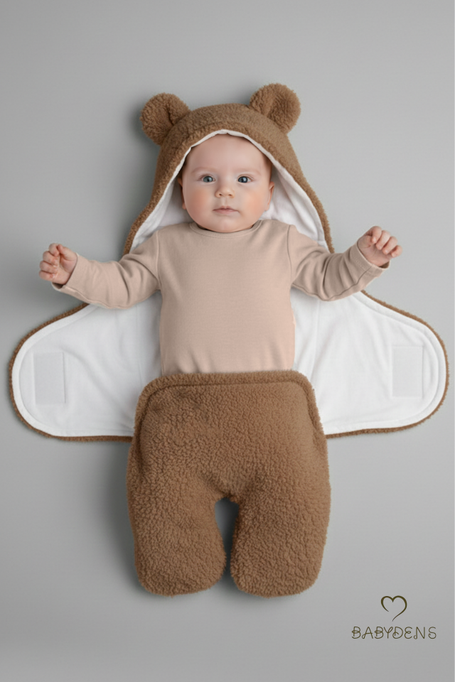 0-12 Ay Welsoft Peluş Bebek Dış Kundak ,Uyku Tulumu ,Ayıcık Kulaklı İçi %100 Pamuk Astarlı Battaniye Kahverengi