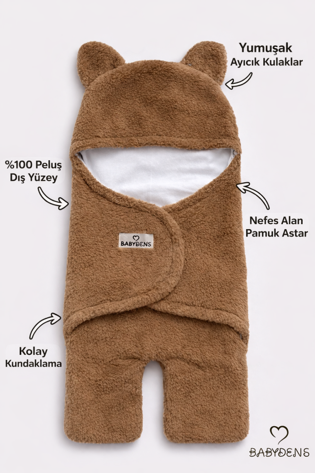 0-12 Ay Welsoft Peluş Bebek Dış Kundak ,Uyku Tulumu ,Ayıcık Kulaklı İçi %100 Pamuk Astarlı Battaniye Kahverengi