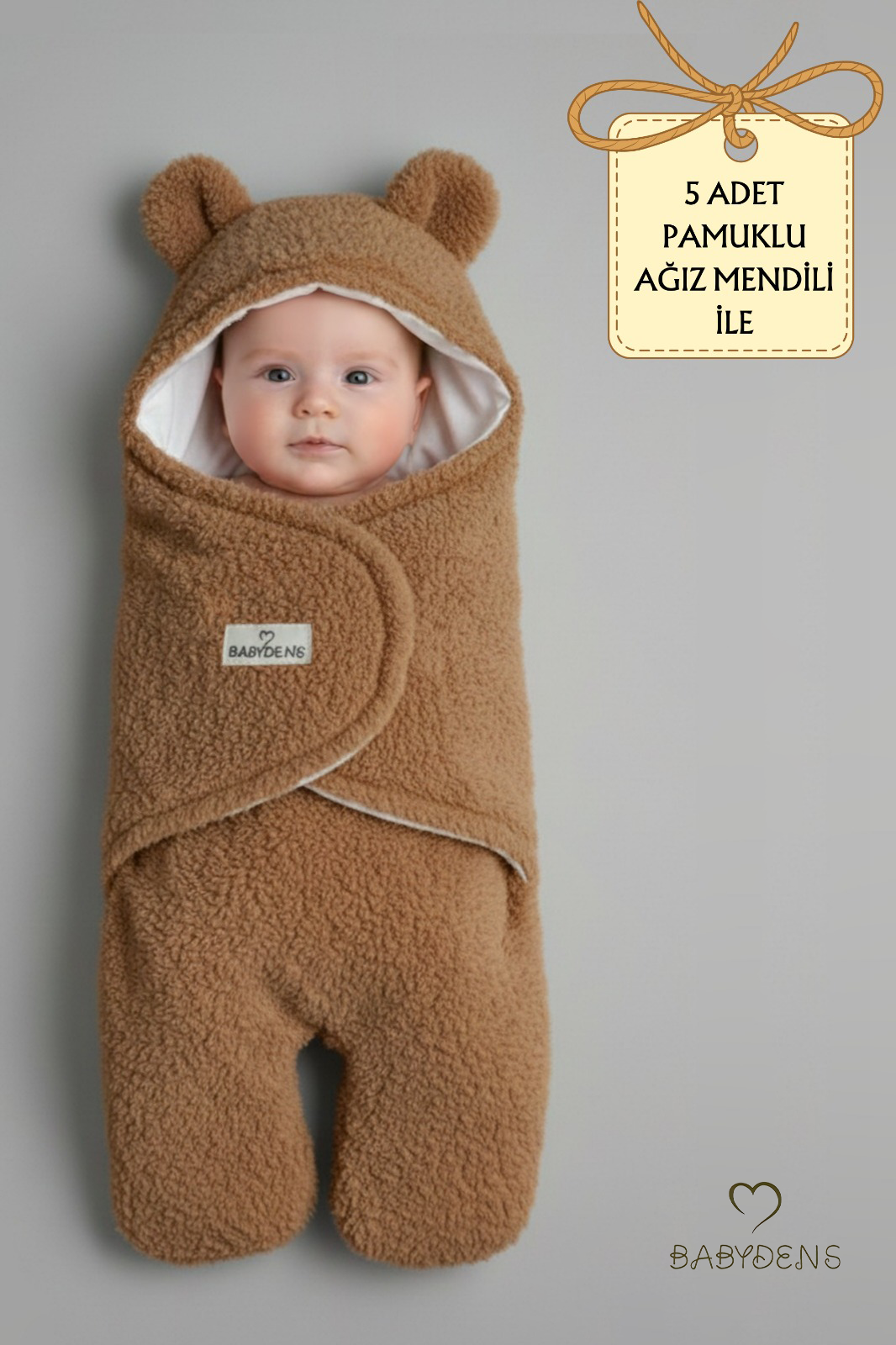 0-12 Ay Welsoft Peluş Bebek Dış Kundak ,Uyku Tulumu ,Ayıcık Kulaklı İçi %100 Pamuk Astarlı Battaniye Kahverengi