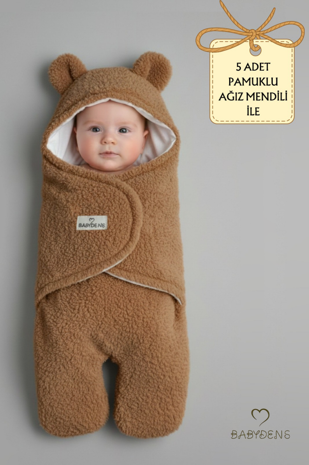0-12 Ay Welsoft Peluş Bebek Dış Kundak ,Uyku Tulumu ,Ayıcık Kulaklı İçi %100 Pamuk Astarlı Battaniye Kahverengi