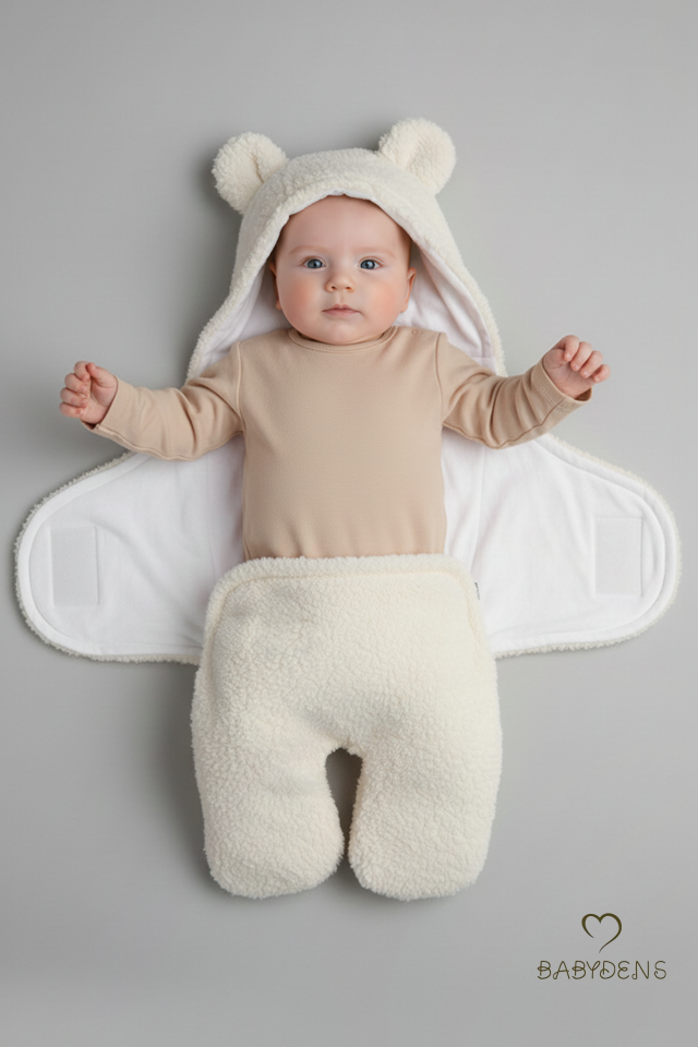 0-12 Ay Welsoft Peluş Bebek Dış Kundak ,Uyku Tulumu ,Ayıcık Kulaklı İçi %100 Pamuk Astarlı Battaniye Ekru