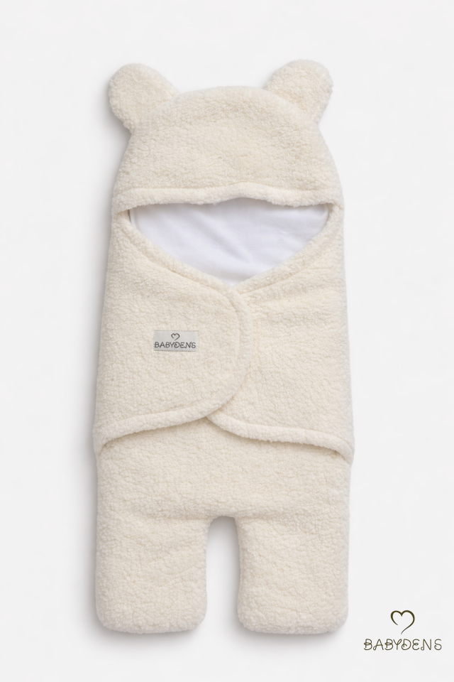 0-12 Ay Welsoft Peluş Bebek Dış Kundak ,Uyku Tulumu ,Ayıcık Kulaklı İçi %100 Pamuk Astarlı Battaniye Ekru