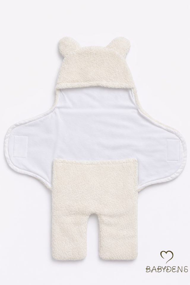 0-12 Ay Welsoft Peluş Bebek Dış Kundak ,Uyku Tulumu ,Ayıcık Kulaklı İçi %100 Pamuk Astarlı Battaniye Ekru