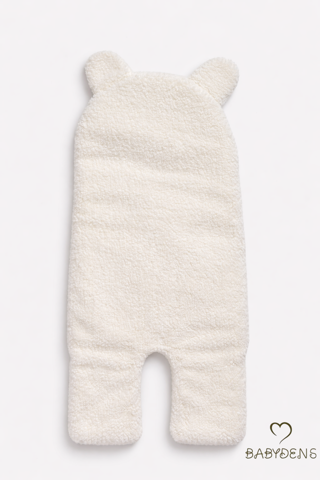 0-12 Ay Welsoft Peluş Bebek Dış Kundak ,Uyku Tulumu ,Ayıcık Kulaklı İçi %100 Pamuk Astarlı Battaniye Ekru